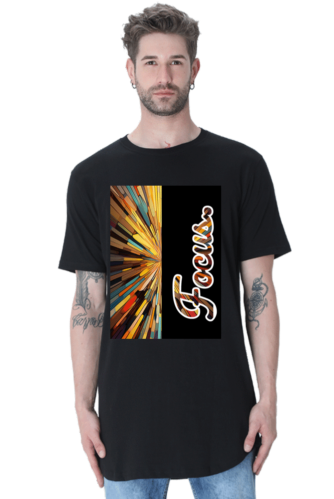 "Focus" a vibrant graphic longline curved cotton tshirt