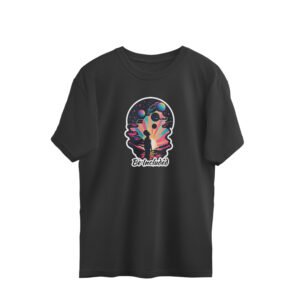 girl listening to music wearing a oversized tshirt with vibrant graphic and text be included