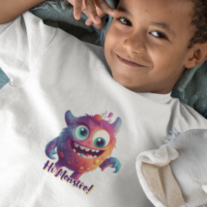 Kid wearing tshirt printed friendly monster called monstro