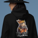 stylish man wearing hoodie - the mind is the king of the body text with king cartoon