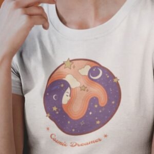 cosmic dreamer women's tshirt with vibrant graphic of girl and universe