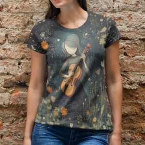 women all over print tshirt having girl playing guitar in garden