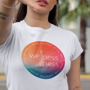 women t-shirt with vibrant graphic and text replace i with we