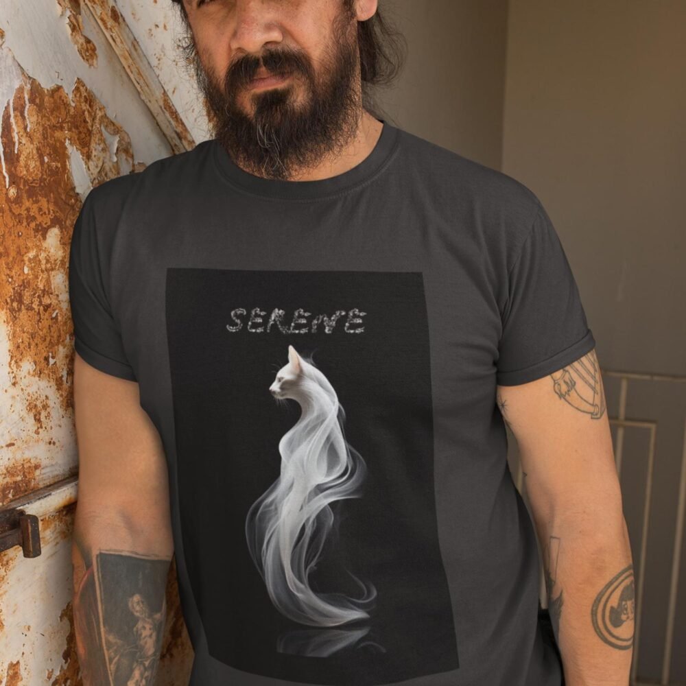 Serene Mens T-Shirt White Cat printed on it