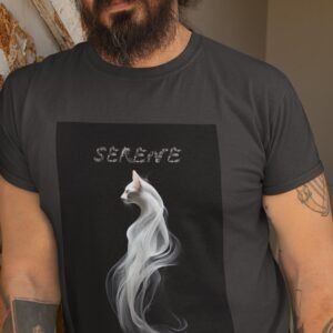 Serene Mens T-Shirt White Cat printed on it