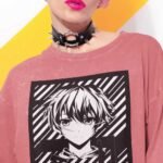 stylish ping hair girl wearing oversized tshirt printed an anime monochrome style print