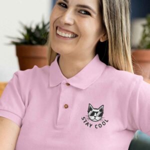 cat themed pink polo tshirt wearing woman