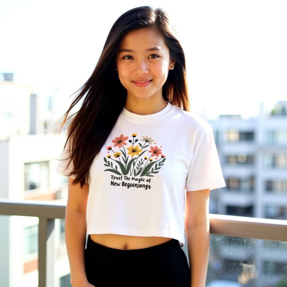 Girl wearing a crop-top with a floral print and quote